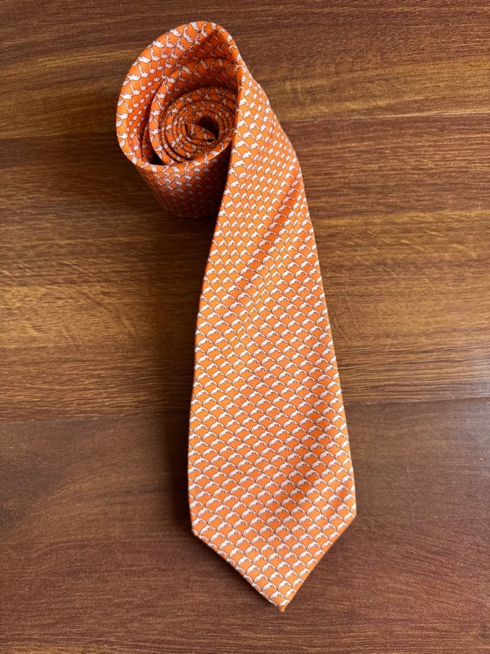 BROOKS BROTHERS Orange Dolphin Print 100% Silk Tie Made In USA
